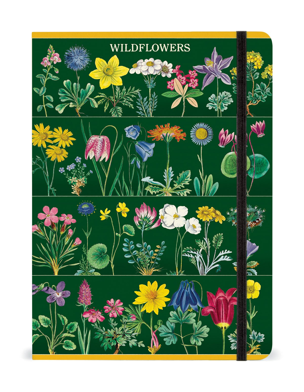 Wildflowers Vintage Notebook Large cover with dense botanical illustrations on dark green background yellow edges and a black elastic strap