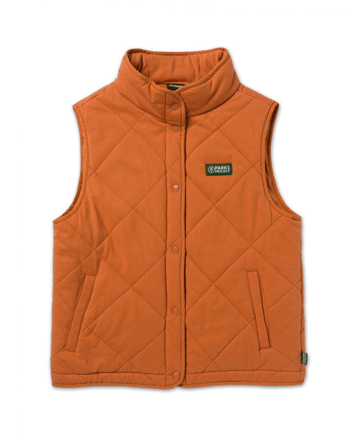 Close-up of orange quilted vest neck with front snap buttons