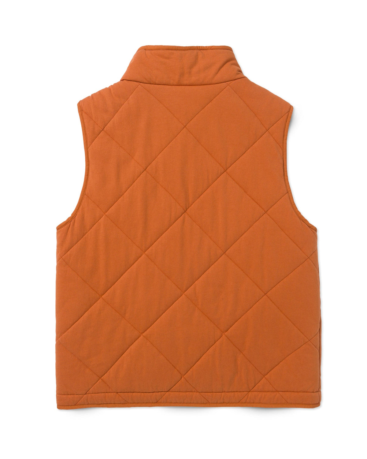 Lower back of orange quilted puffer vest showing diamond quilt pattern and hem