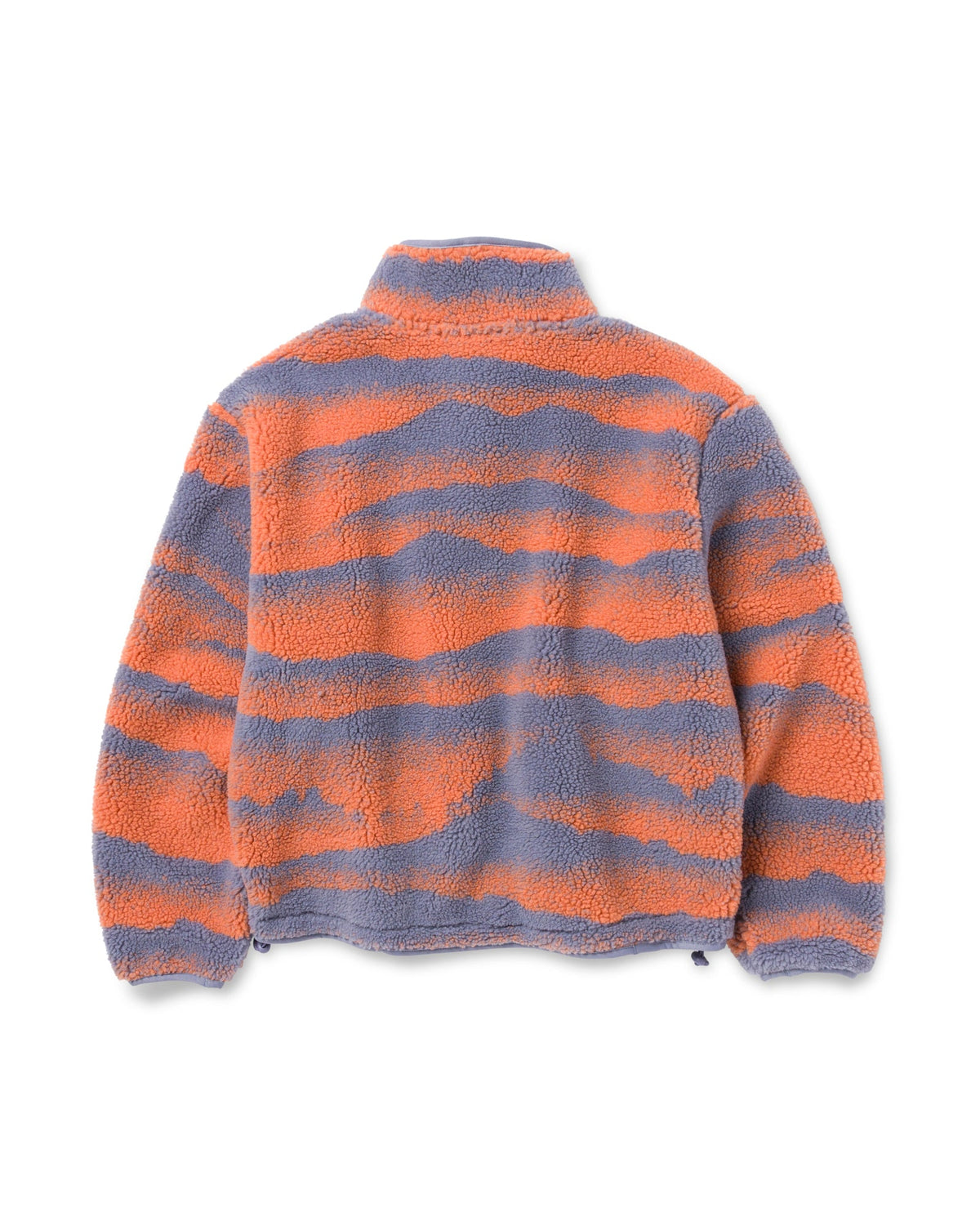 Back view of orange and gray striped high pile fleece jacket showing collar