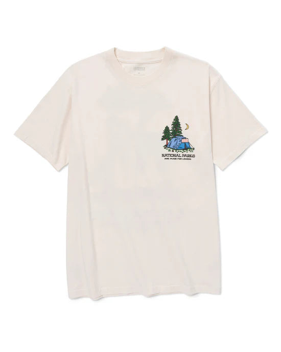 Front view of cream Park Lovers Tee with a small campsite graphic on the left chest.