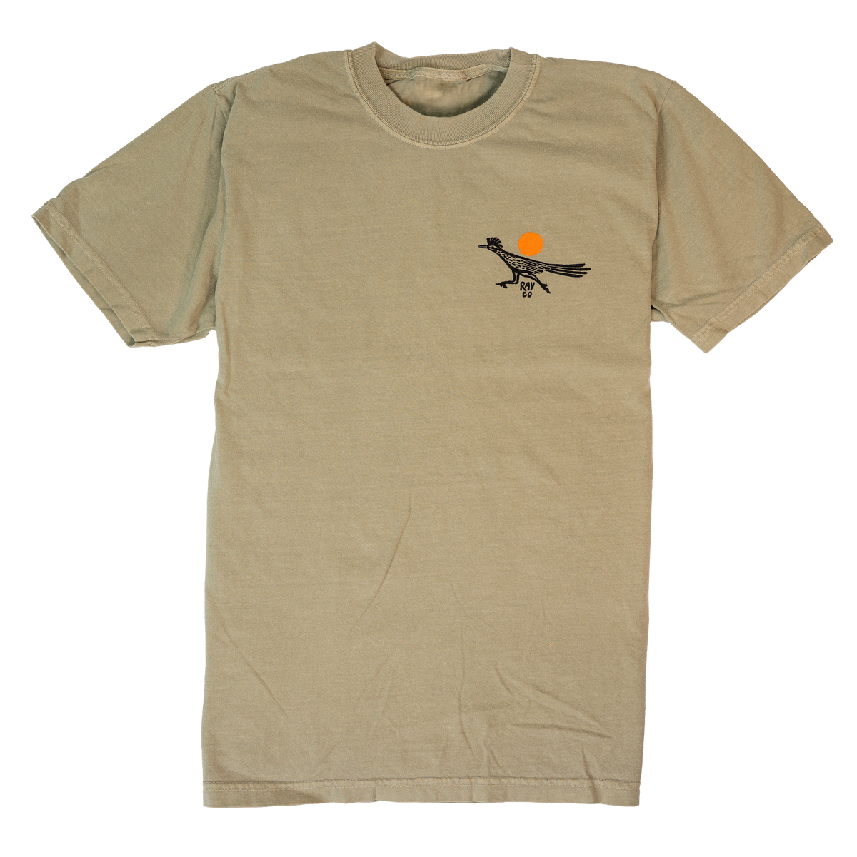 Front view of a beige Roadrunner At Sunrise Tee with a roadrunner graphic and orange sun on the left chest.