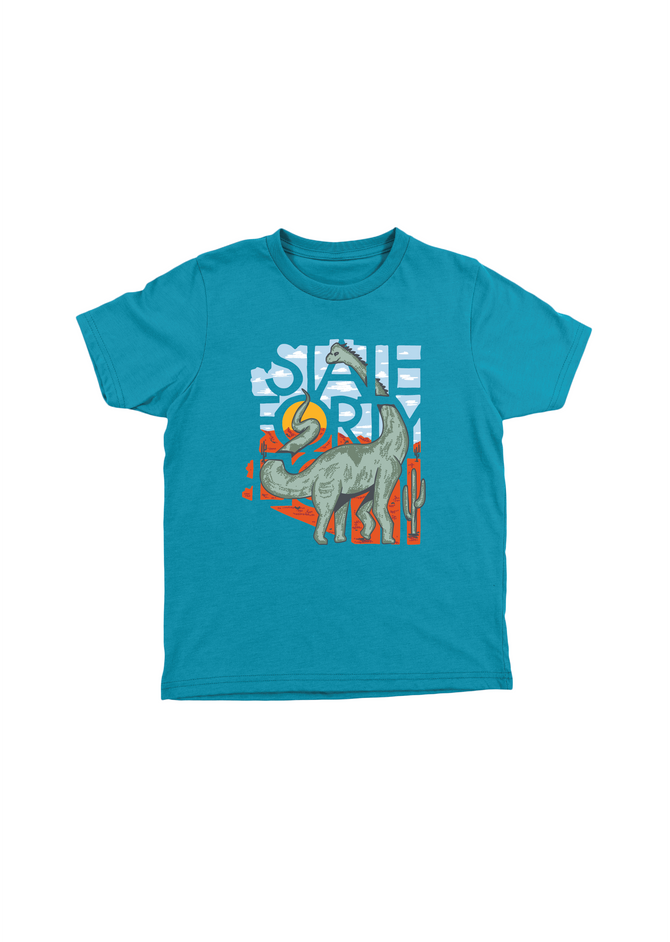 Turquoise State Forty Eight Kids Tee featuring a Sonorasaurus design laid flat on a white background.