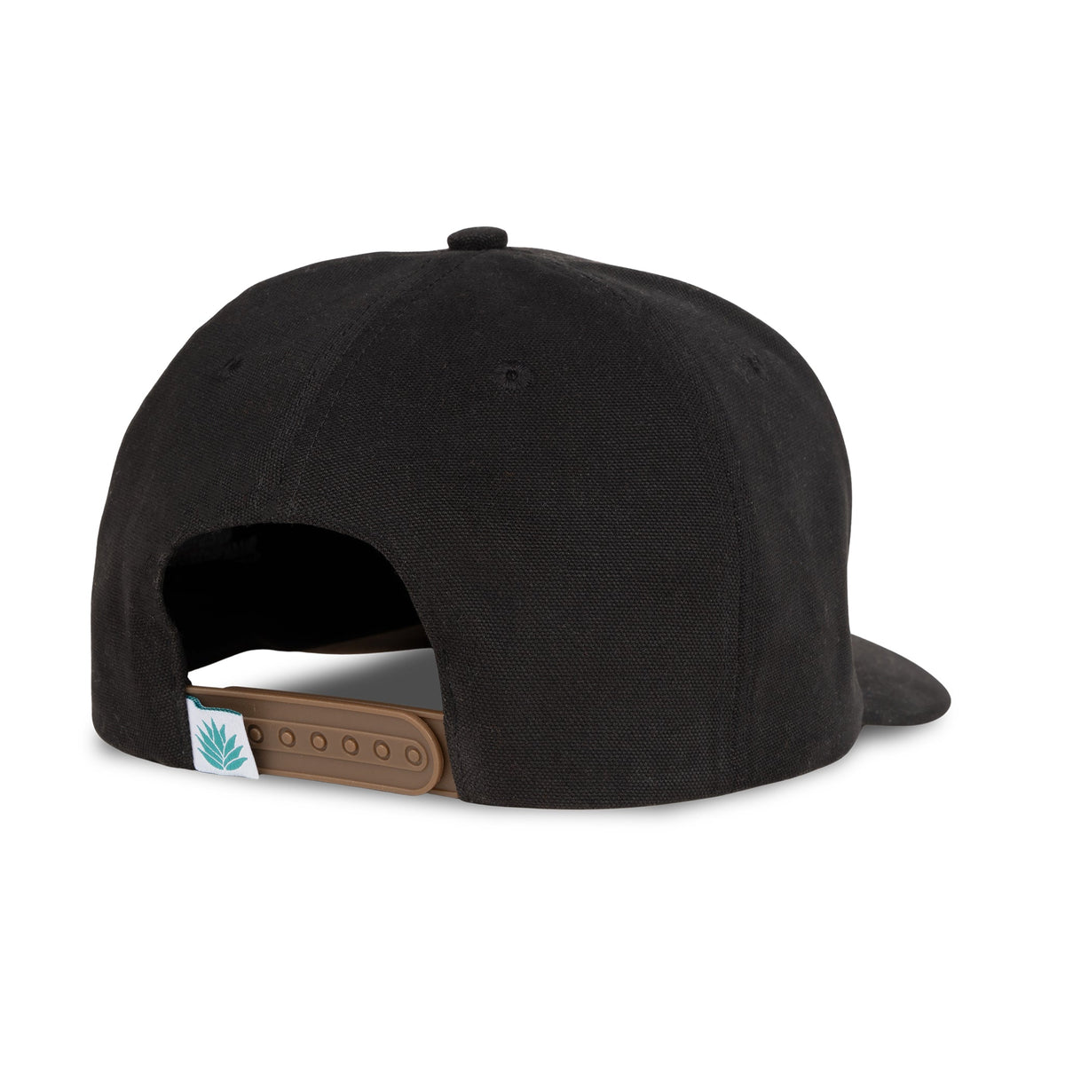 Back view of the black Sendero Rattlesnake hat with tan plastic strap and a leaf patterned tag