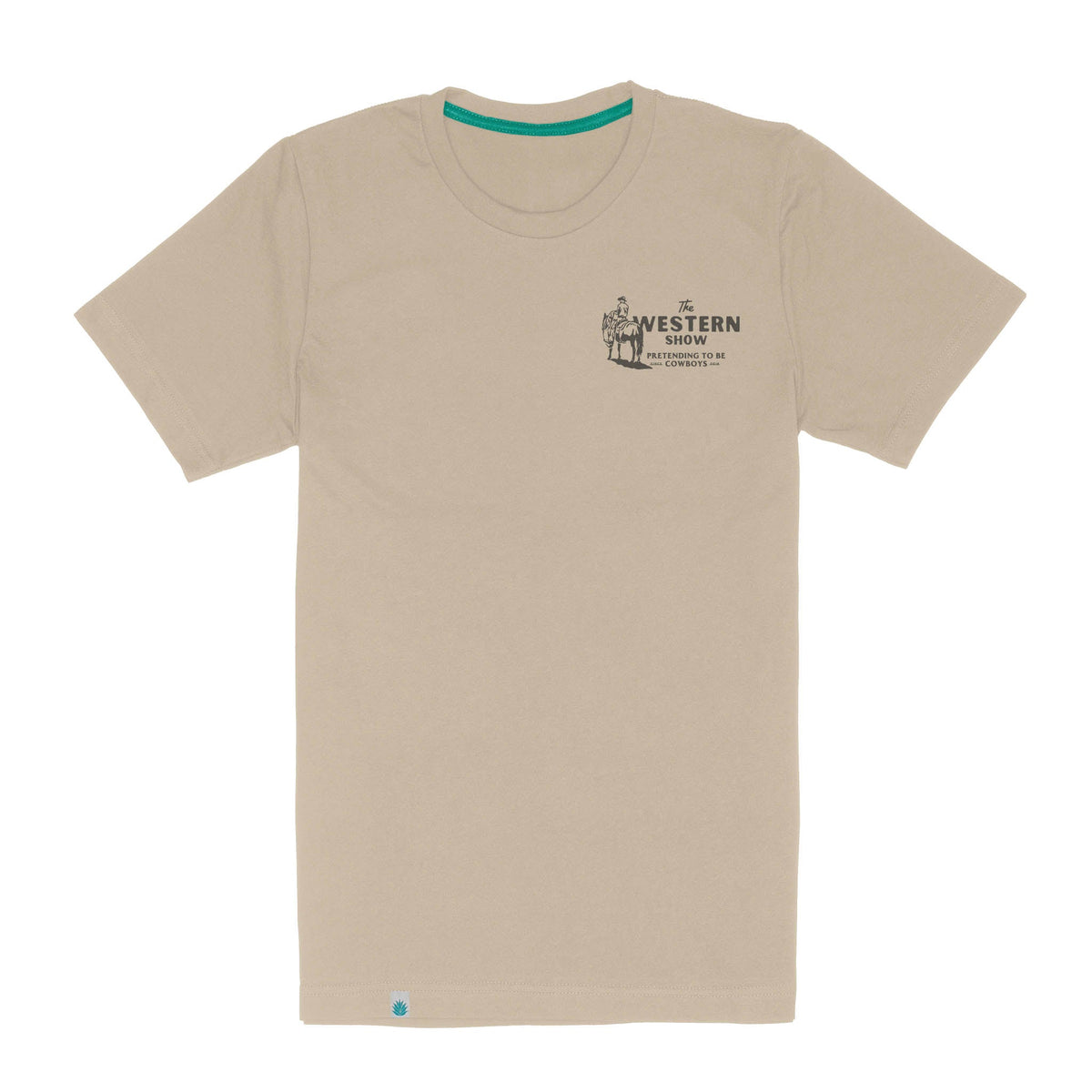 Beige tee with front graphic The Western Show Pretending to Be Cowboys and a cowboy on horseback.