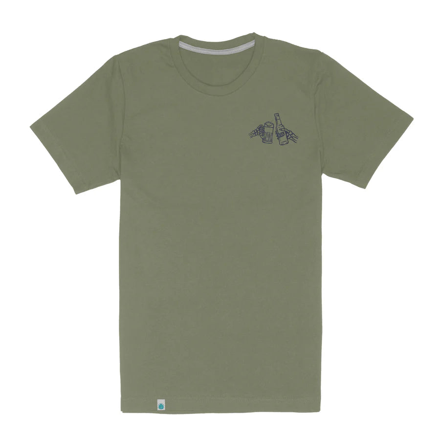 Front view of olive green t shirt with a small blue graphic of a beer mug and bottle with wings on the left chest