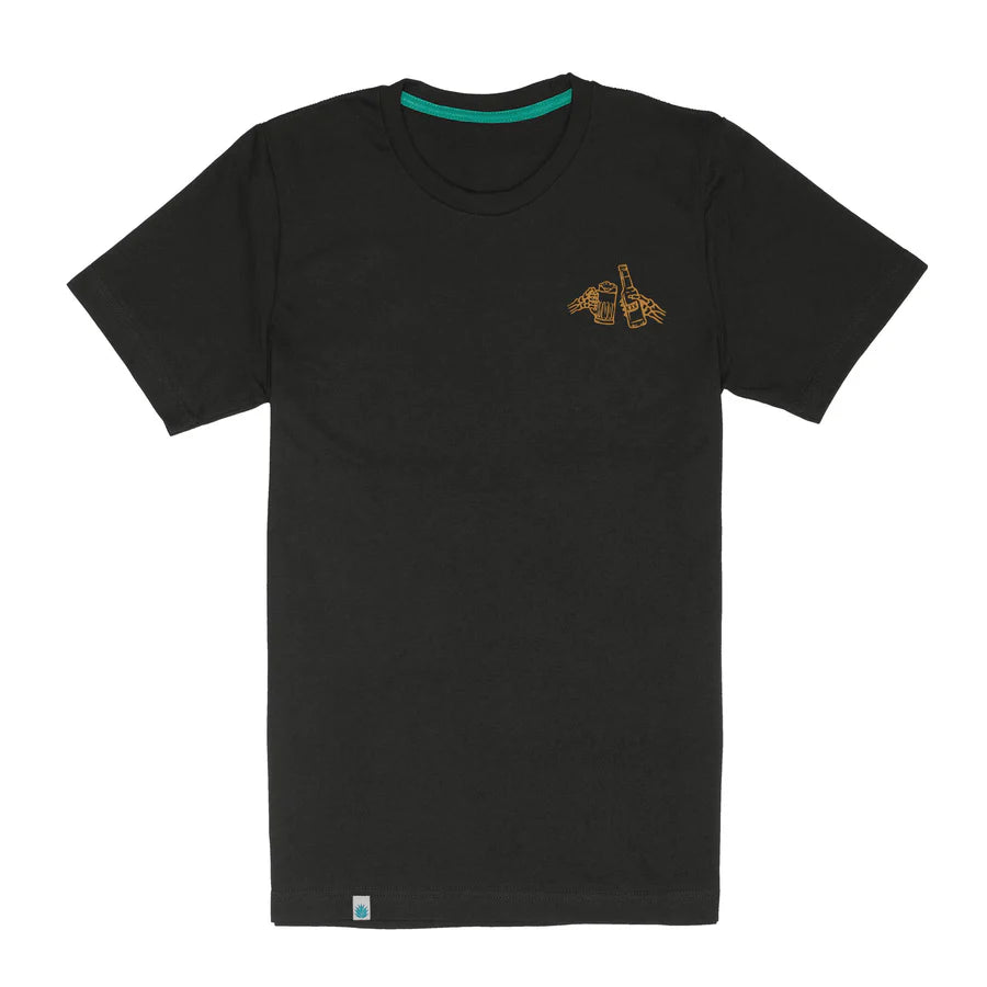 Never Drink With Your Shootin Hand Salud Edition T Shirt black front with small orange chest graphic