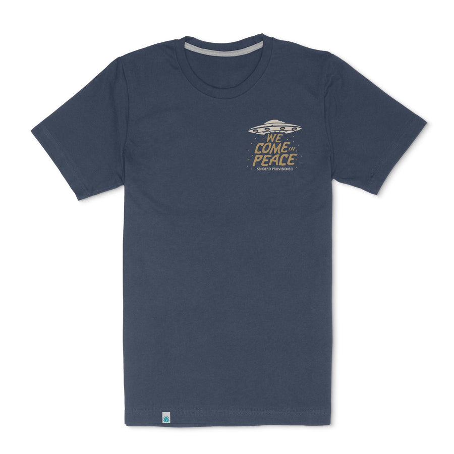 Navy Charros & Aliens tee with a small UFO graphic and We Come in Peace on the chest