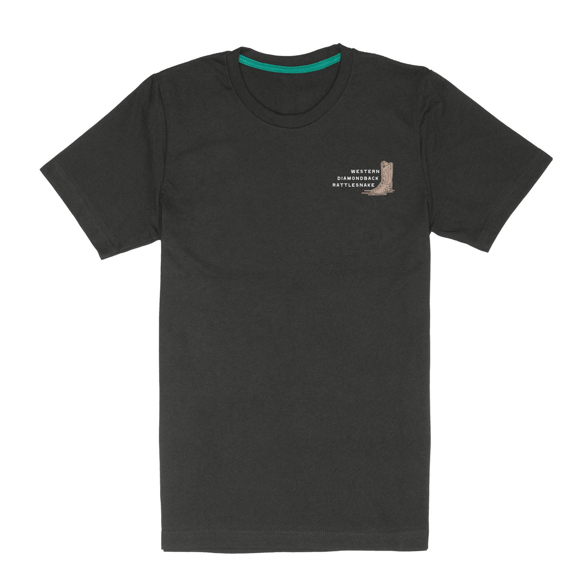 Front view of dark gray T shirt with white text and a tan boot graphic on the chest