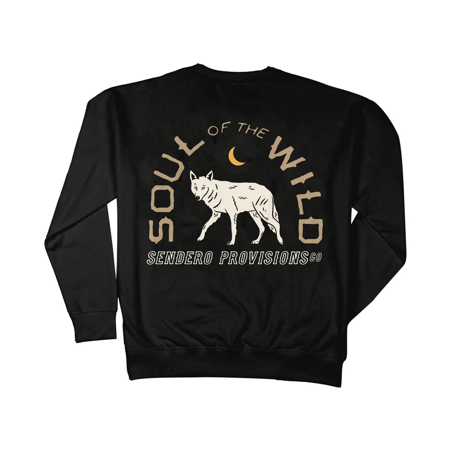 Back view of Solitario Sweatshirt with a cream wolf graphic, crescent moon, and circular text.