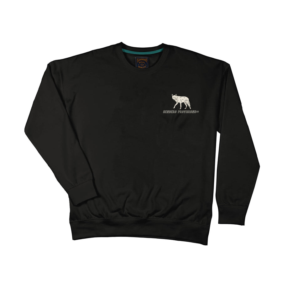 Front view of Solitario Sweatshirt with a small left chest cream wolf logo and Solitario Provisions text.