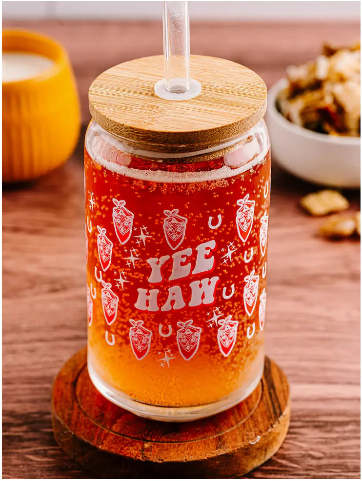 Yee Haw Glass Can w/ Straw & Lid