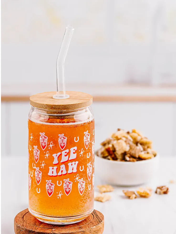 Yee Haw Glass Can w/ Straw & Lid