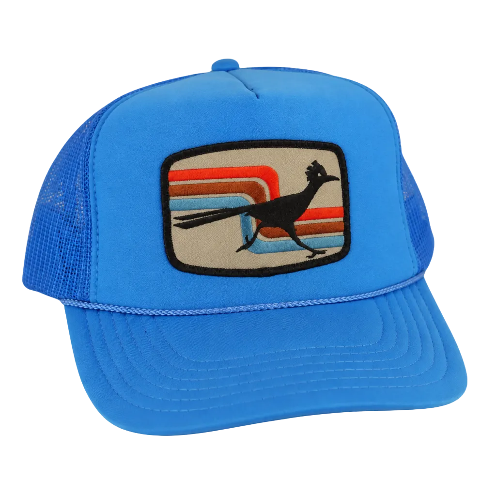 Blue foam trucker hat with retro Roadrunner patch featuring a running roadrunner over colorful stripes