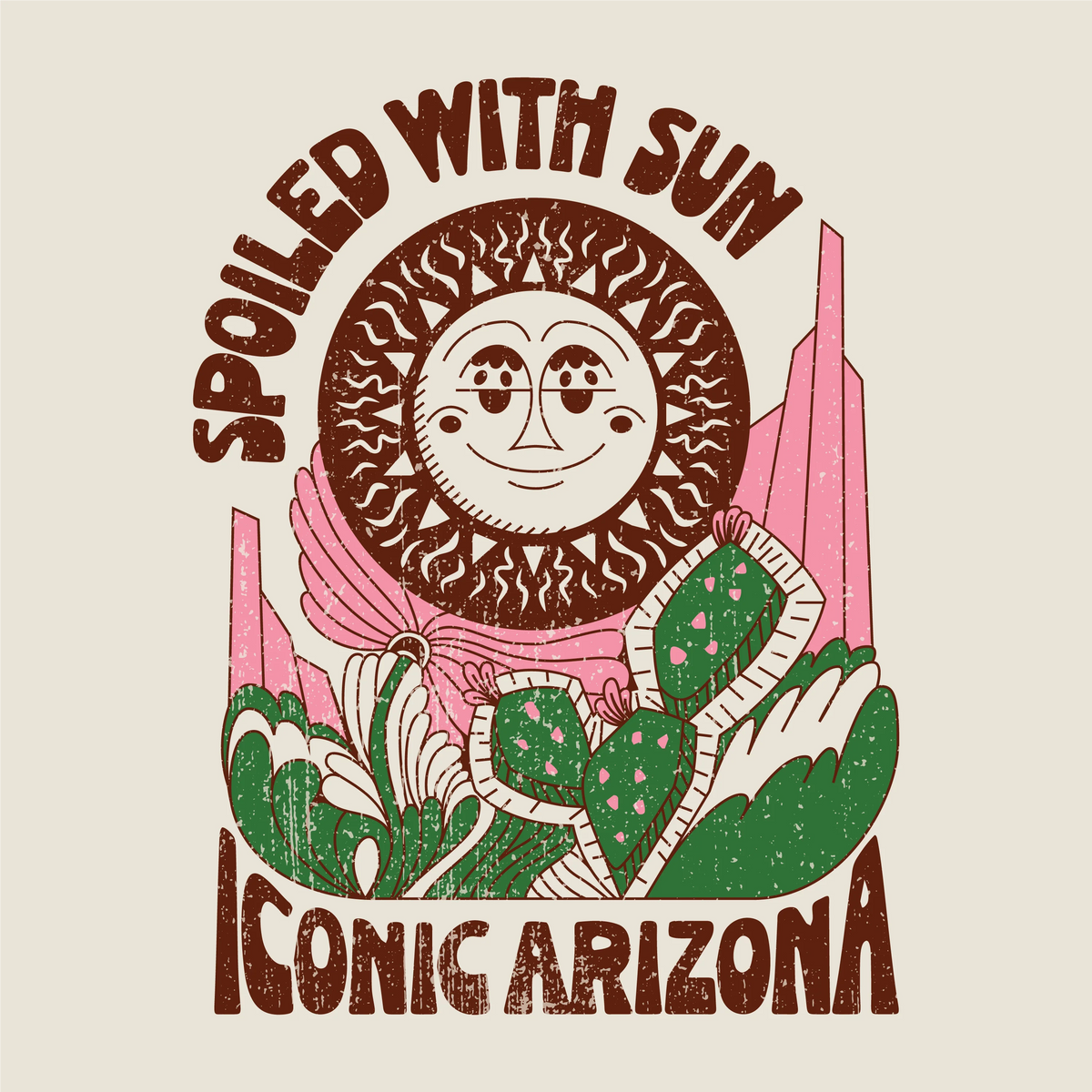 Front view of Spoiled With Sun Organic Rib Ladies Tank showing a large sun graphic with distressed lettering and desert scene in warm tones and pink accents