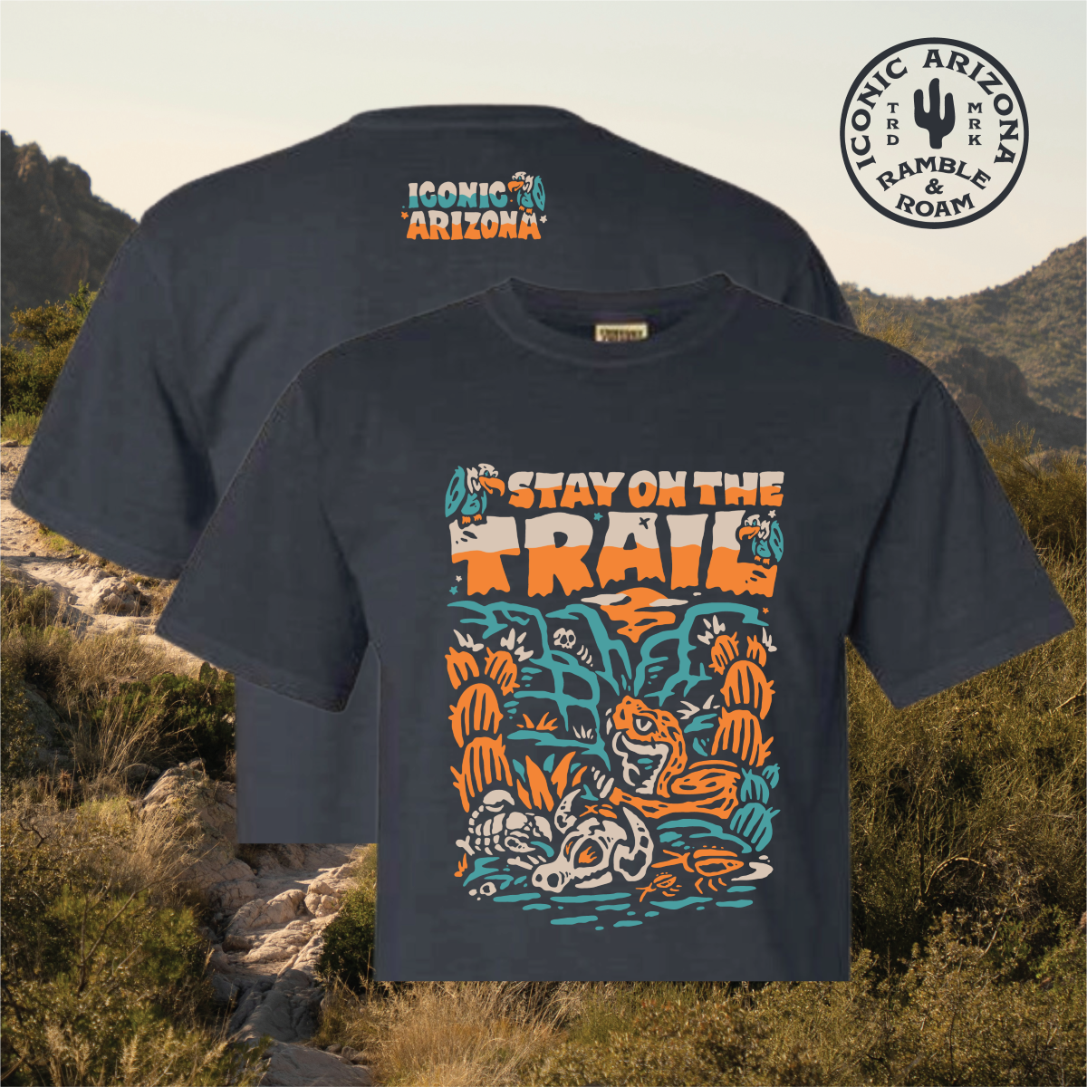 Back view of a navy Stay on the Trail Women's Boxy Crop Tee with the Iconic Arizona logo on the upper back