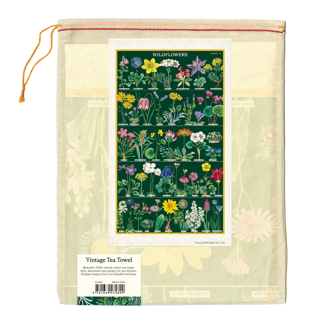 Packaging view with Vintage Tea Towel label and barcode on light beige fabric background.