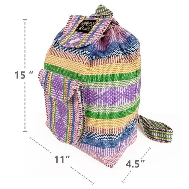 Rainbow striped Baja Backpack with top flap patch and front pocket shown in a three quarter view