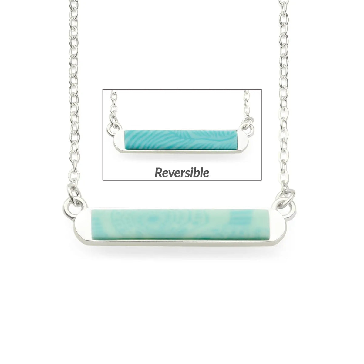 Maui Blue Mini Reversible Bar Necklace horizontal turquoise bar with silver bezel on chain
