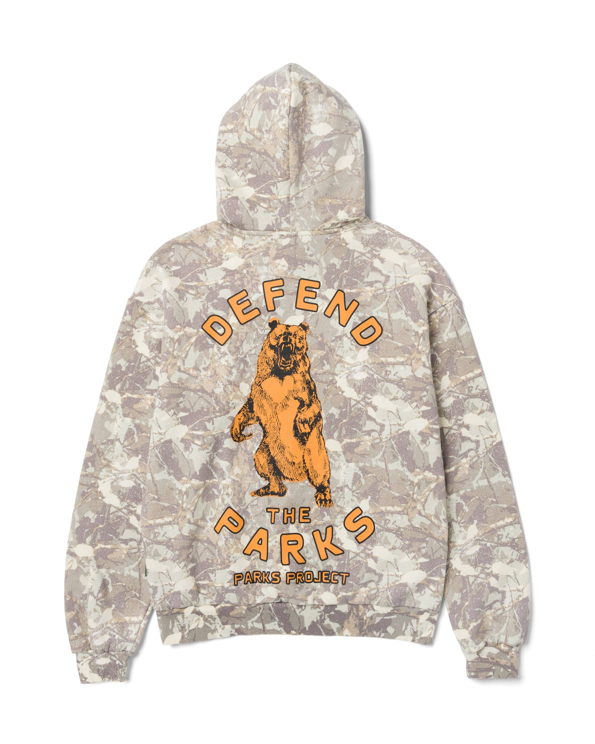 Back view of a camouflage hoodie with an orange bear graphic and DEFEND THE PARKS text