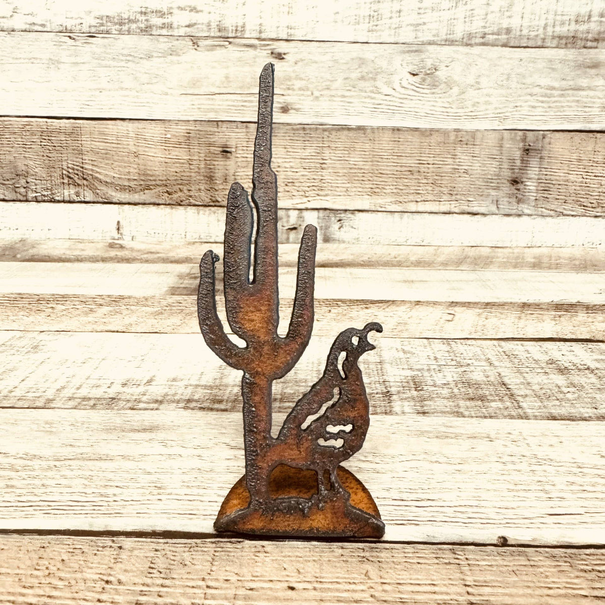 Quail and Cactus Desert Rustic Metal Figurine