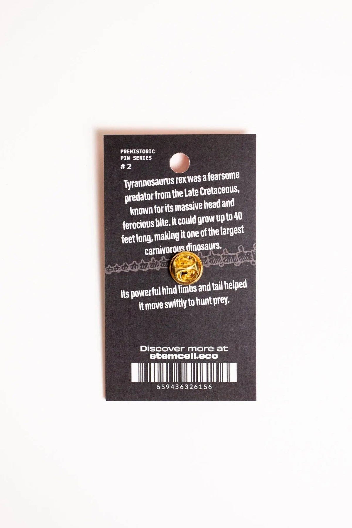 Gold Tyrannosaurus rex enamel pin on a black card with white text about the dinosaur