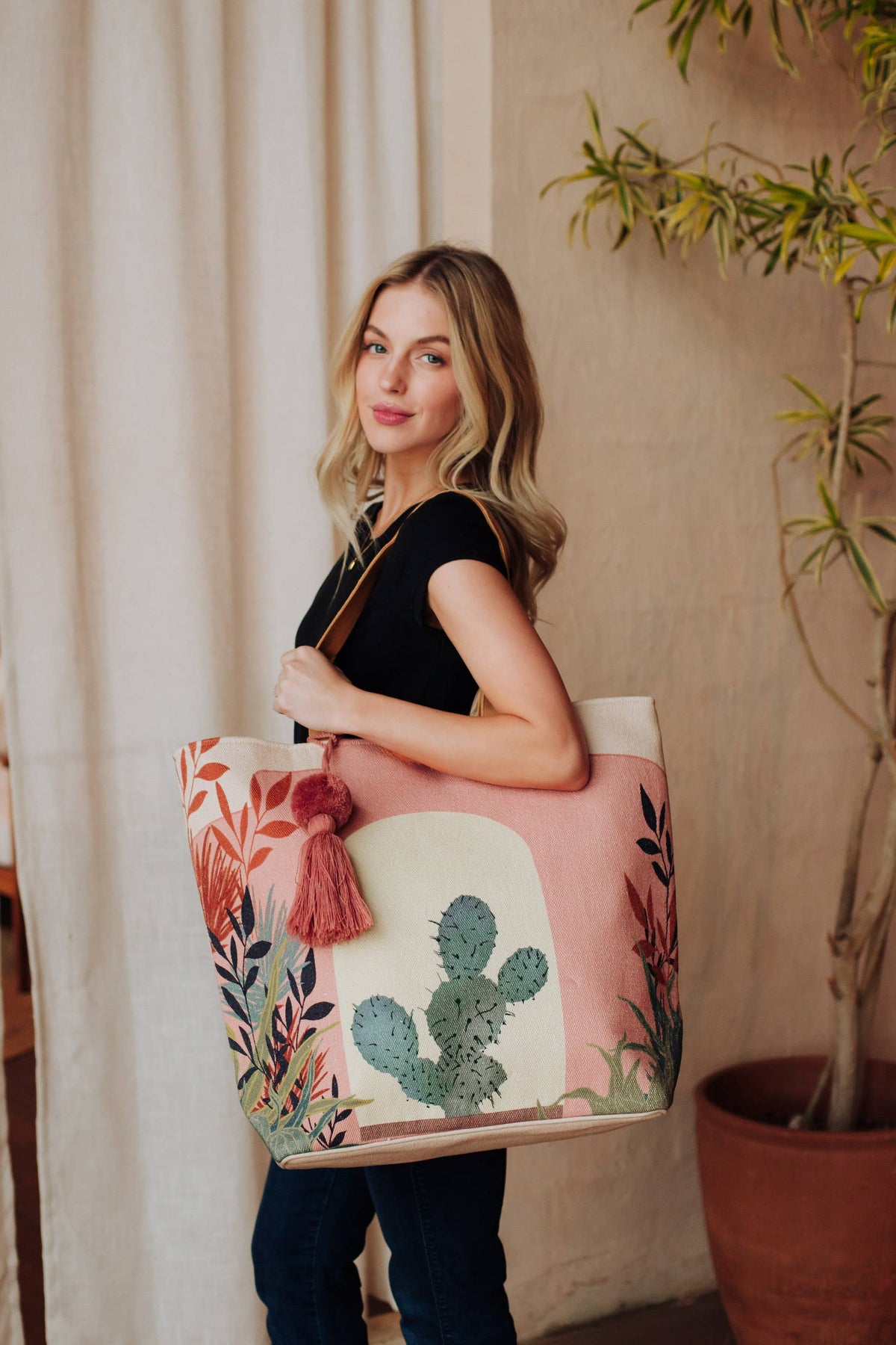 Pink Prickly Pear Cactus Landscape Tote