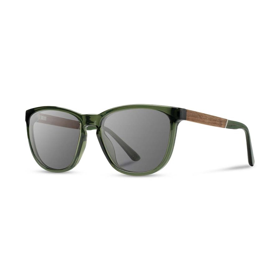 CAMP Arrowcrest Fern sunglasses with translucent green frame gray lenses and wood grain temples.
