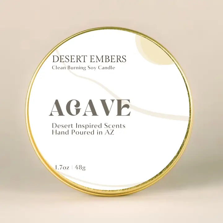 Agave mini travel candle in white round tin with a gold rim