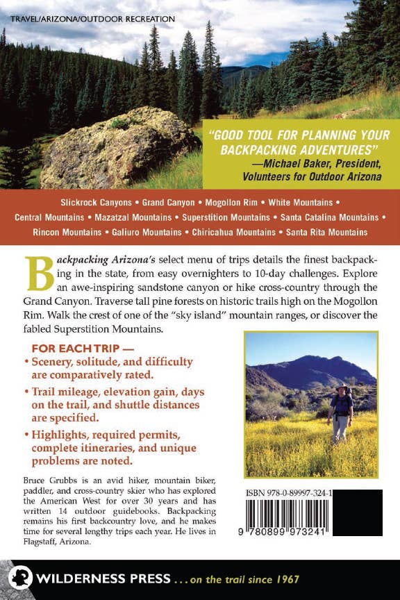 Backpacking Arizona brochure cover with rocky foreground, dense pine forest, and distant mountains