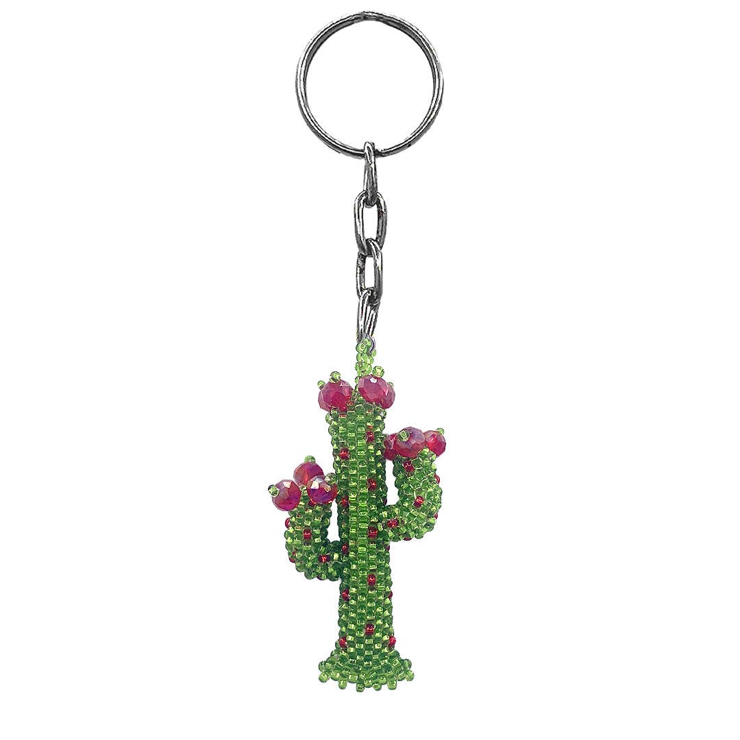 Beaded Crystal Cactus Keychain Green Plant Desert Figurine