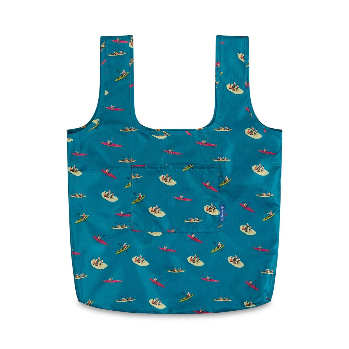 Teal packable tote featuring people in boats print and a front pocket