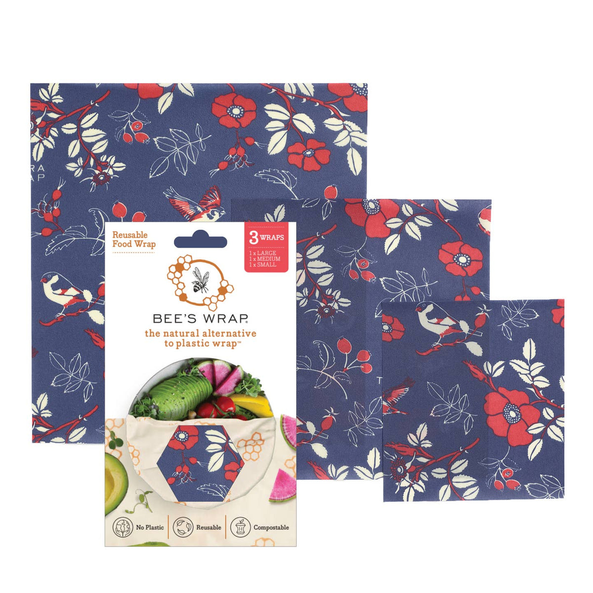 Bee's Wrap reusable food wraps in a navy floral pattern with three sizes.