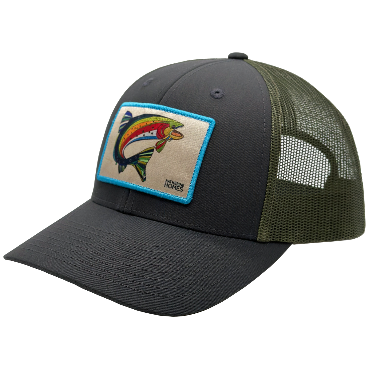 Colorado Cutthroat Trout Trucker hat featuring a turquoise bordered colorful trout patch on the front panel with mesh back.