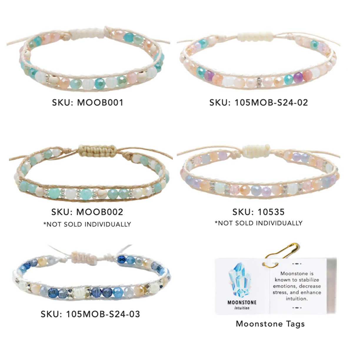 Product grid of pastel Moonbeam bracelets in several designs