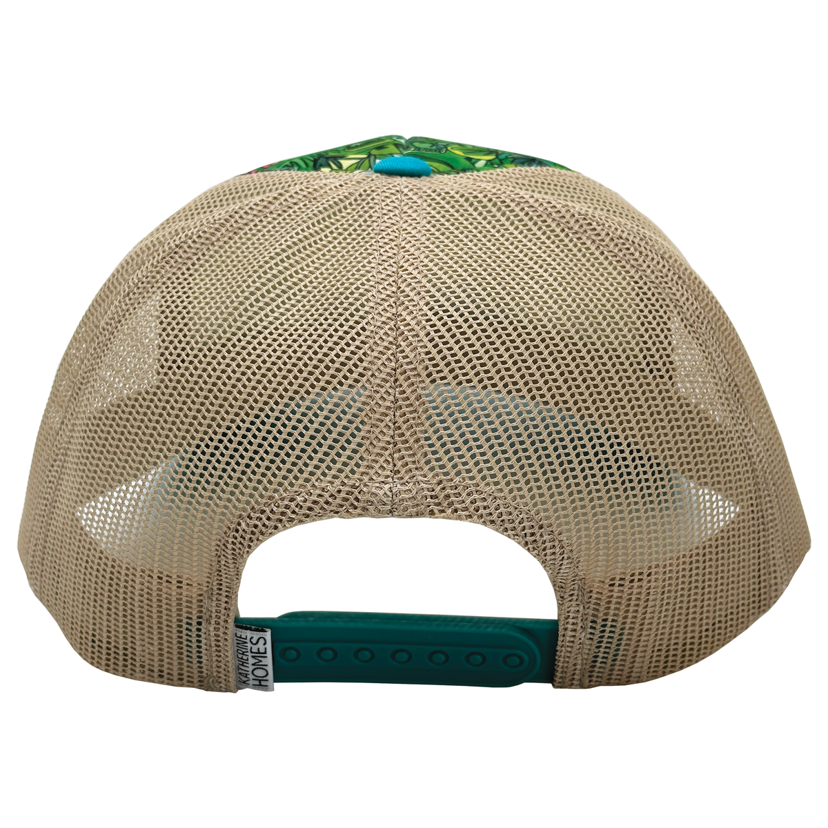 Close up of Sagebrush and Wildflowers Trucker hat showing beige mesh crown and a colorful patterned top panel