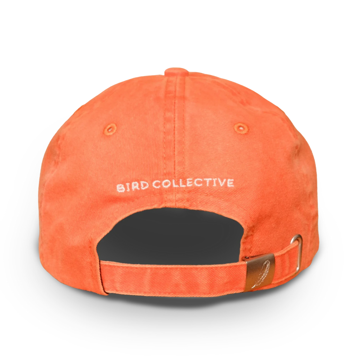 Orange Washed Dad Hat back view with white BIRD COLLECTIVE embroidery and an adjustable strap