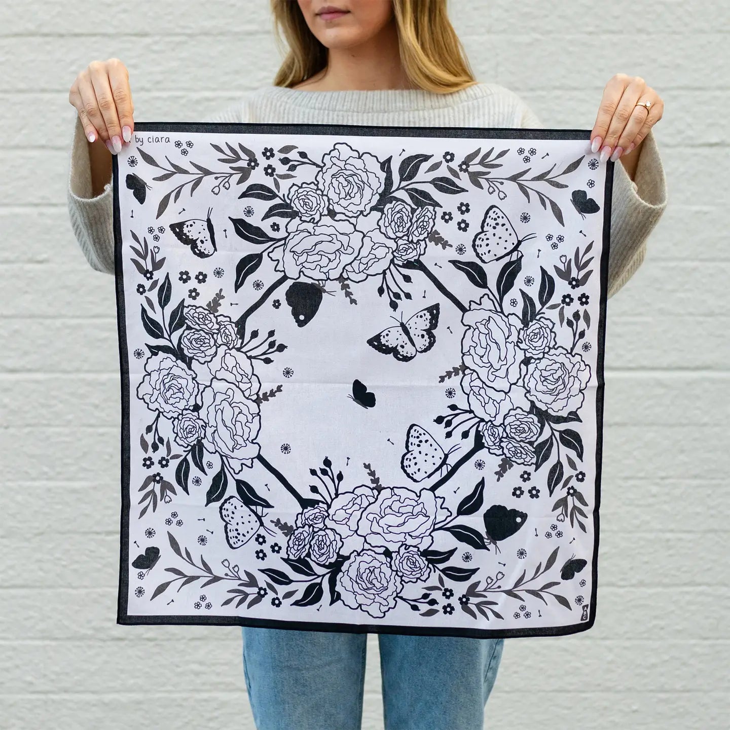 Black Butterfly and Flowers Bandana