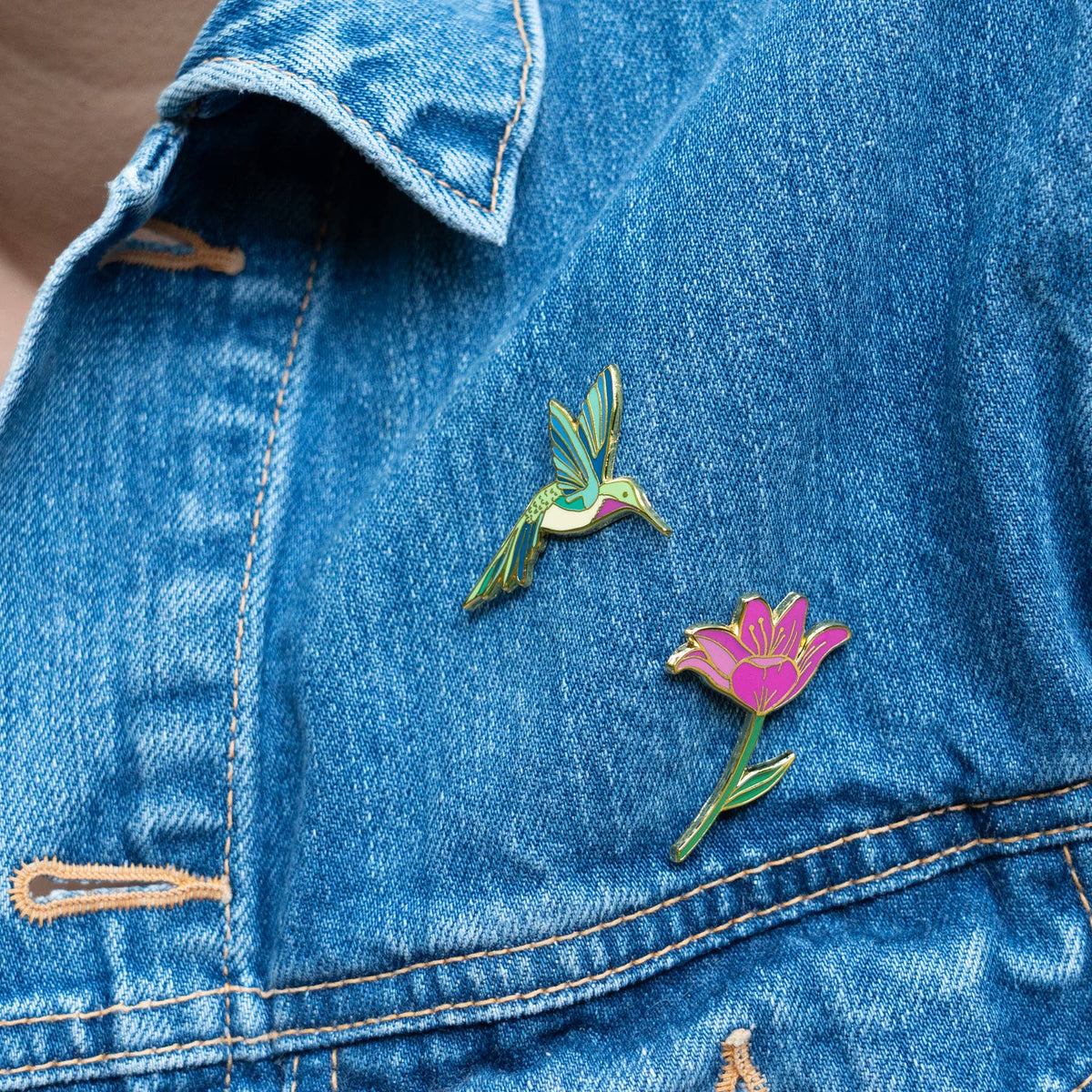 Hummingbird & Pink Lily Flower Pin Set