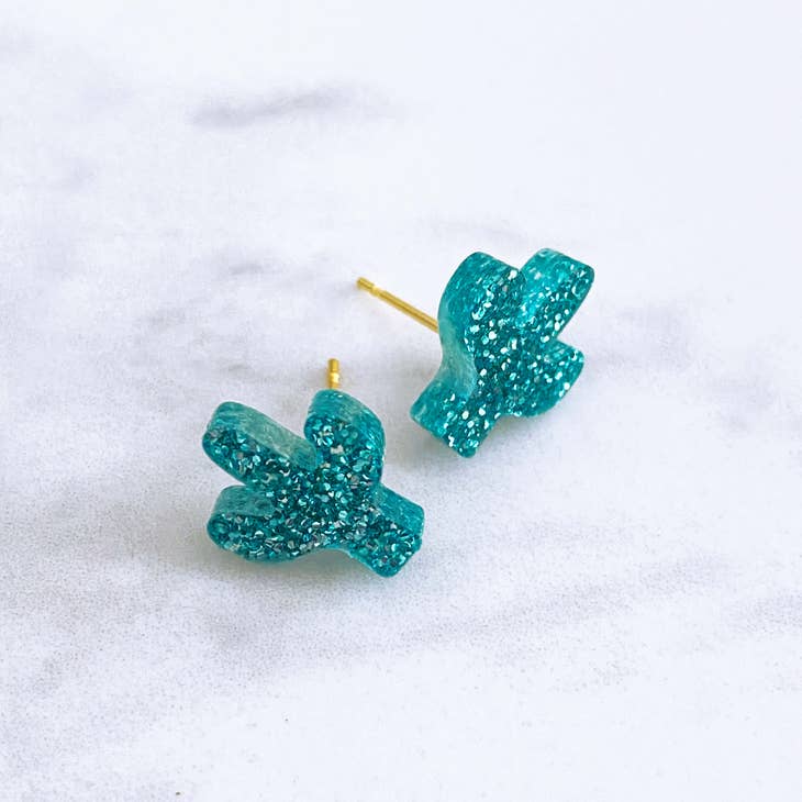 Teal glitter cactus stud earrings with gold posts