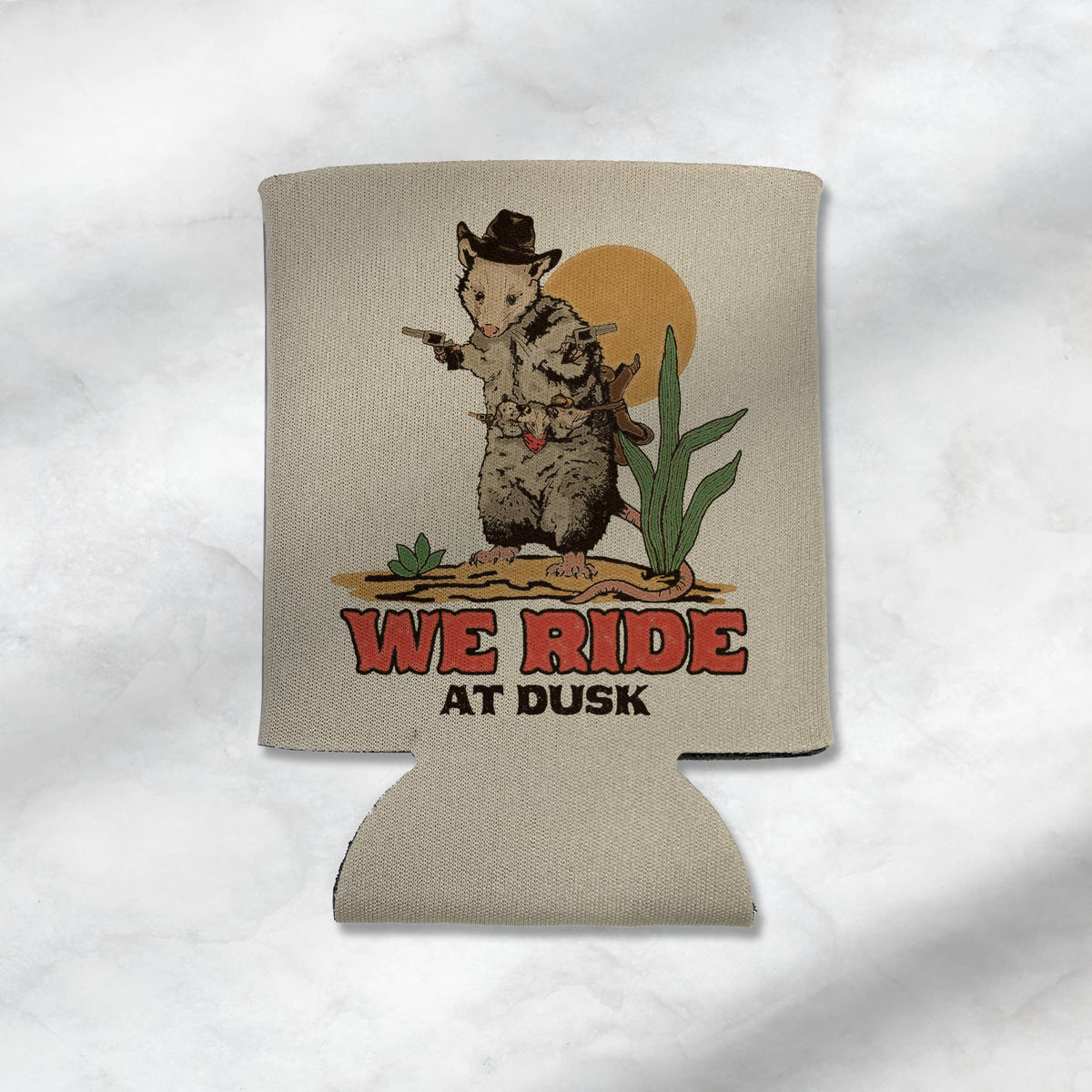 We Ride At Dusk Opossum Koozie