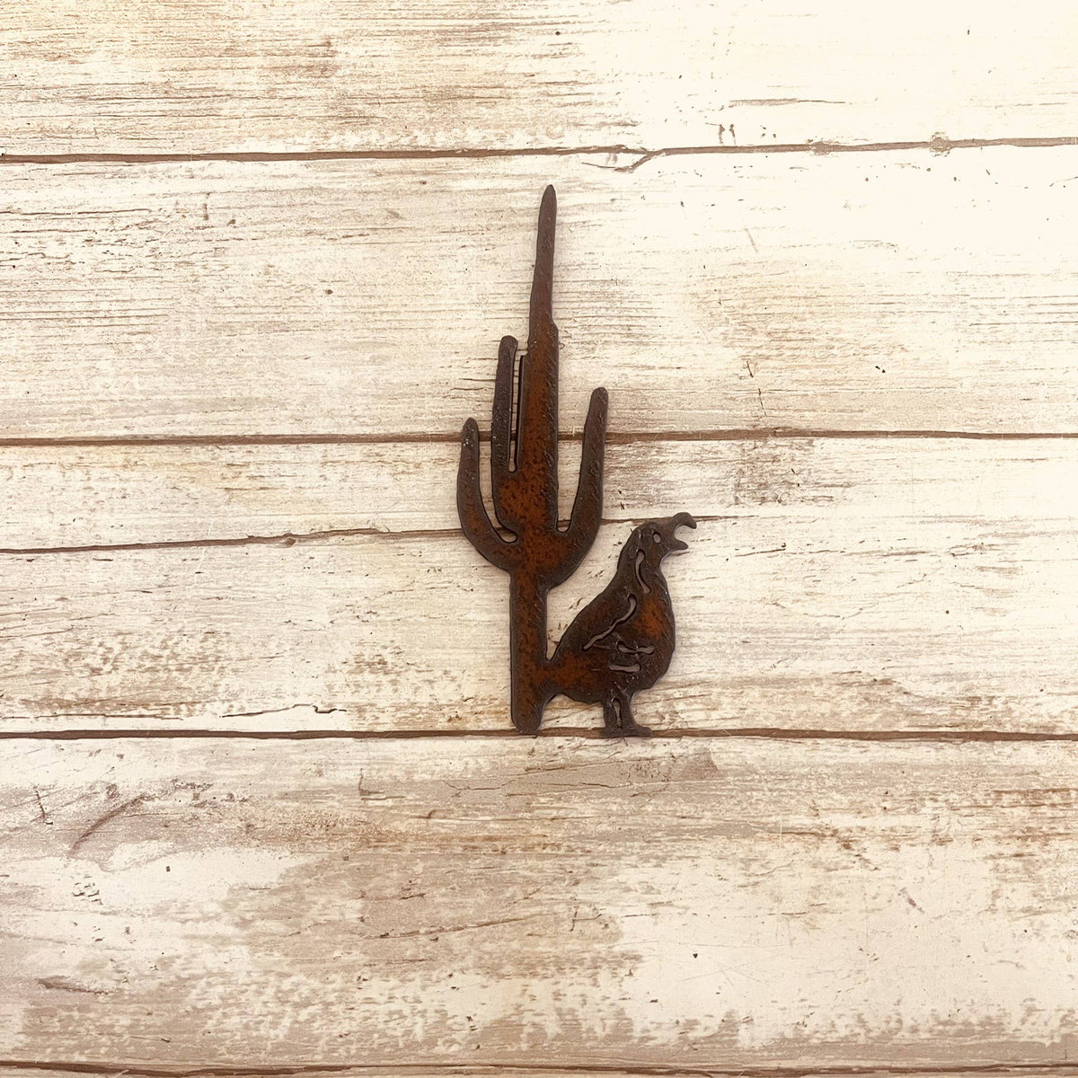 Quail and Saguaro Rustic Metal Magnet