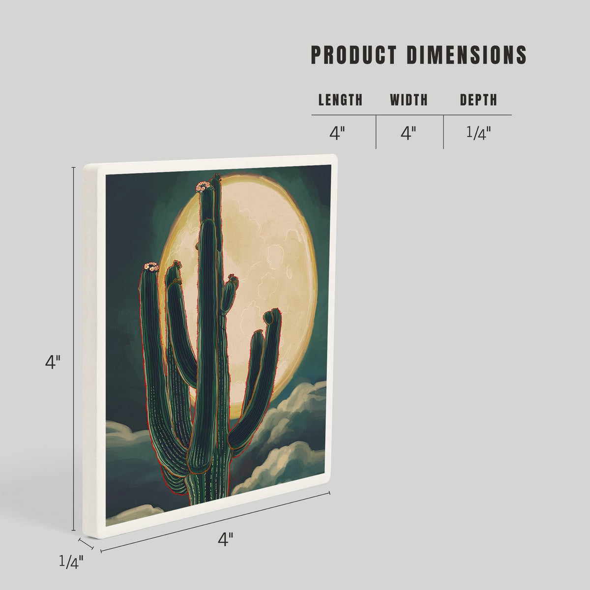 Cactus and full moon design on a ceramic coaster with desert scenery