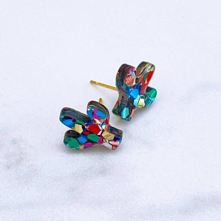 Colorful acrylic cactus stud earrings with gold posts