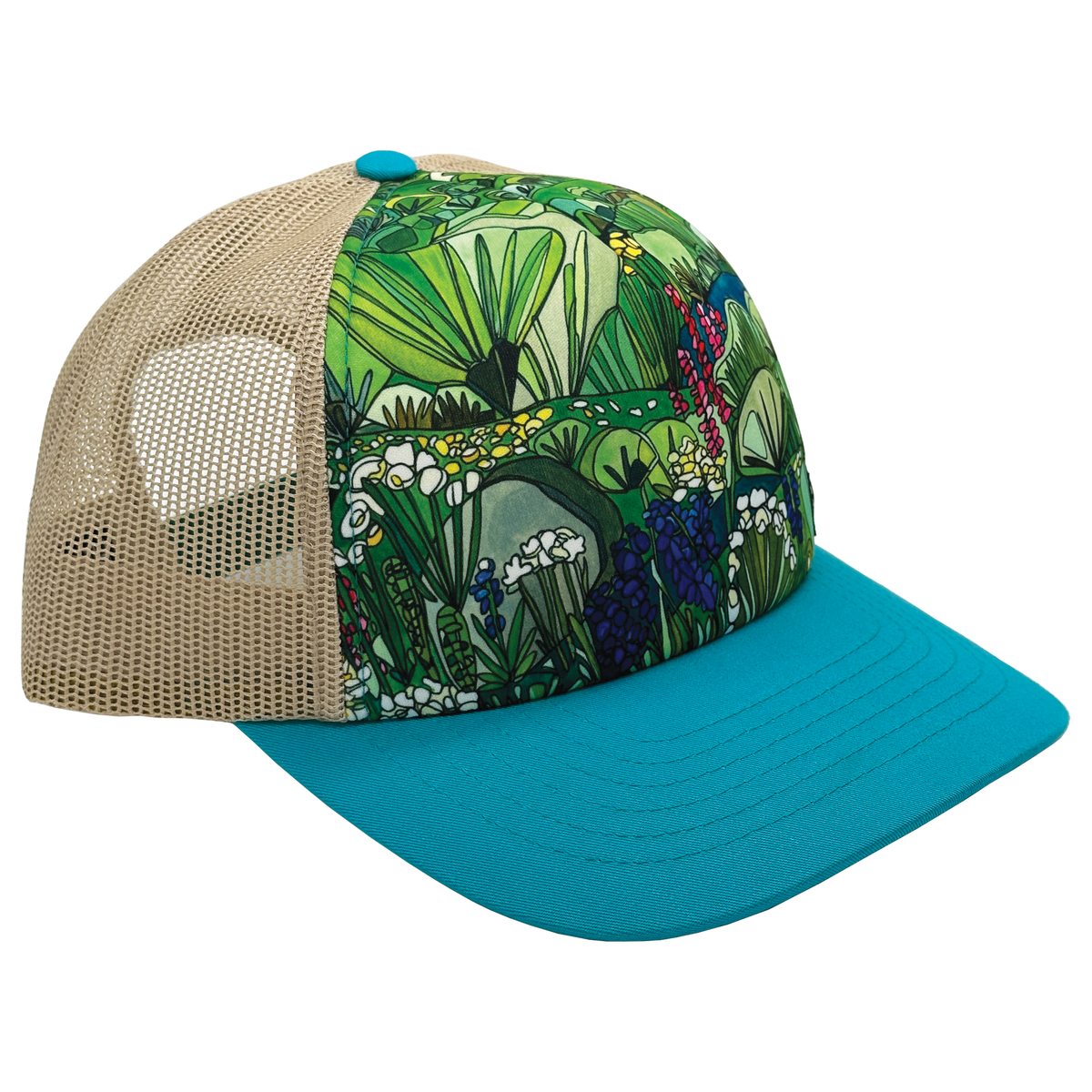 Close-up of Sagebrush and Wildflowers Trucker hat front panel with lush green botanical print on a white background.