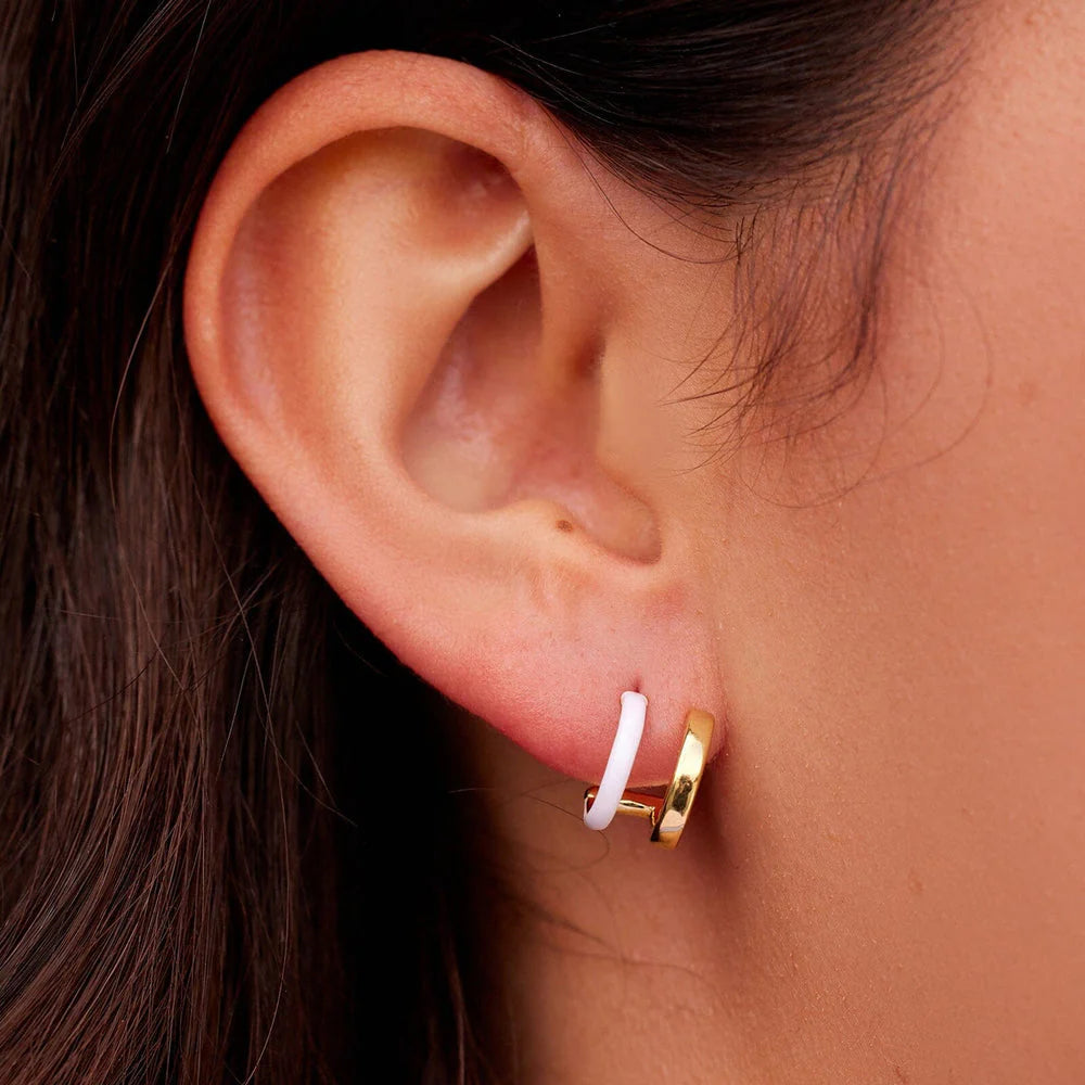 Double Hoop Huggies - Gold/White