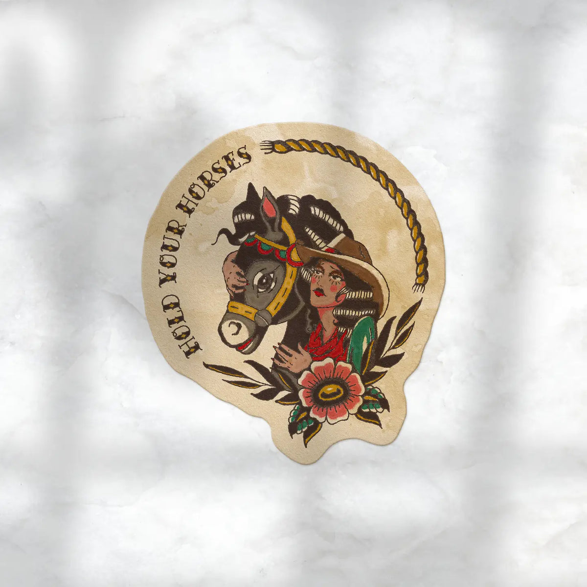 Hold Your Horses traditional tattoo sticker showing a horse head beside a woman in a hat with flowers on a skull shaped background.