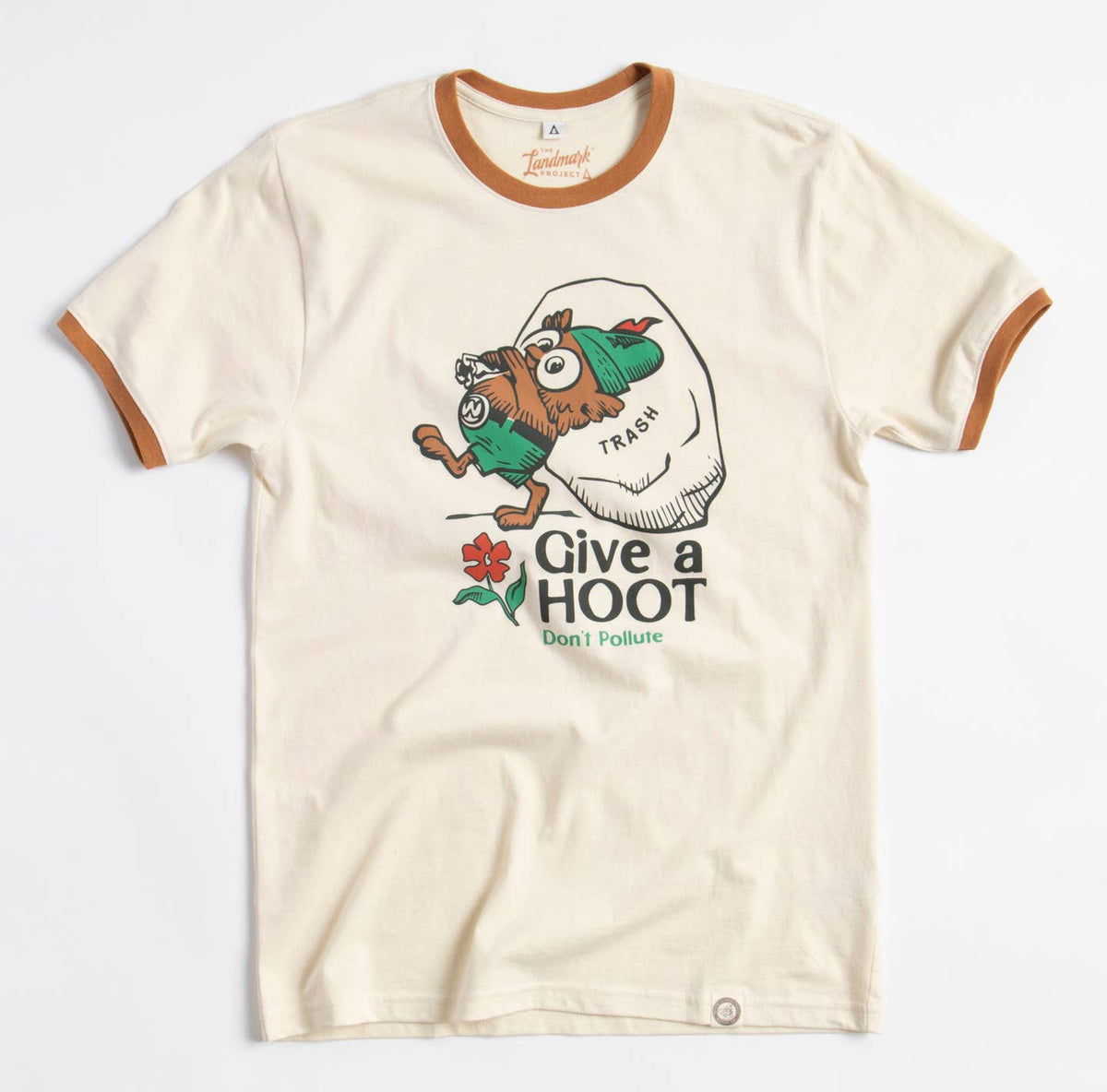 Cream colored Give a Hoot Ringer Tee with burnt orange trim showing the same front graphic and the words Give a HOOT Don't Pollute