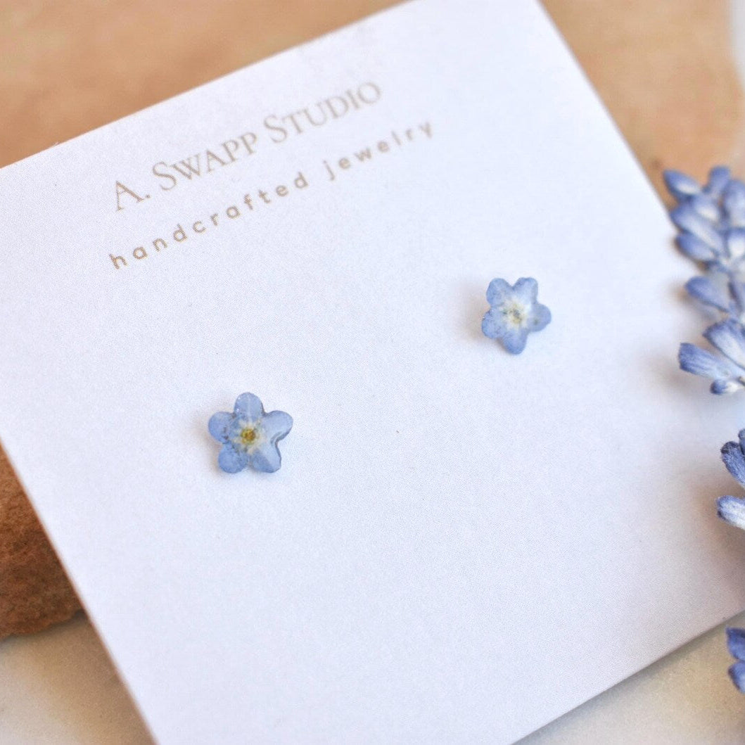 Real Forget Me Not Flower Handmade Stud Earrings