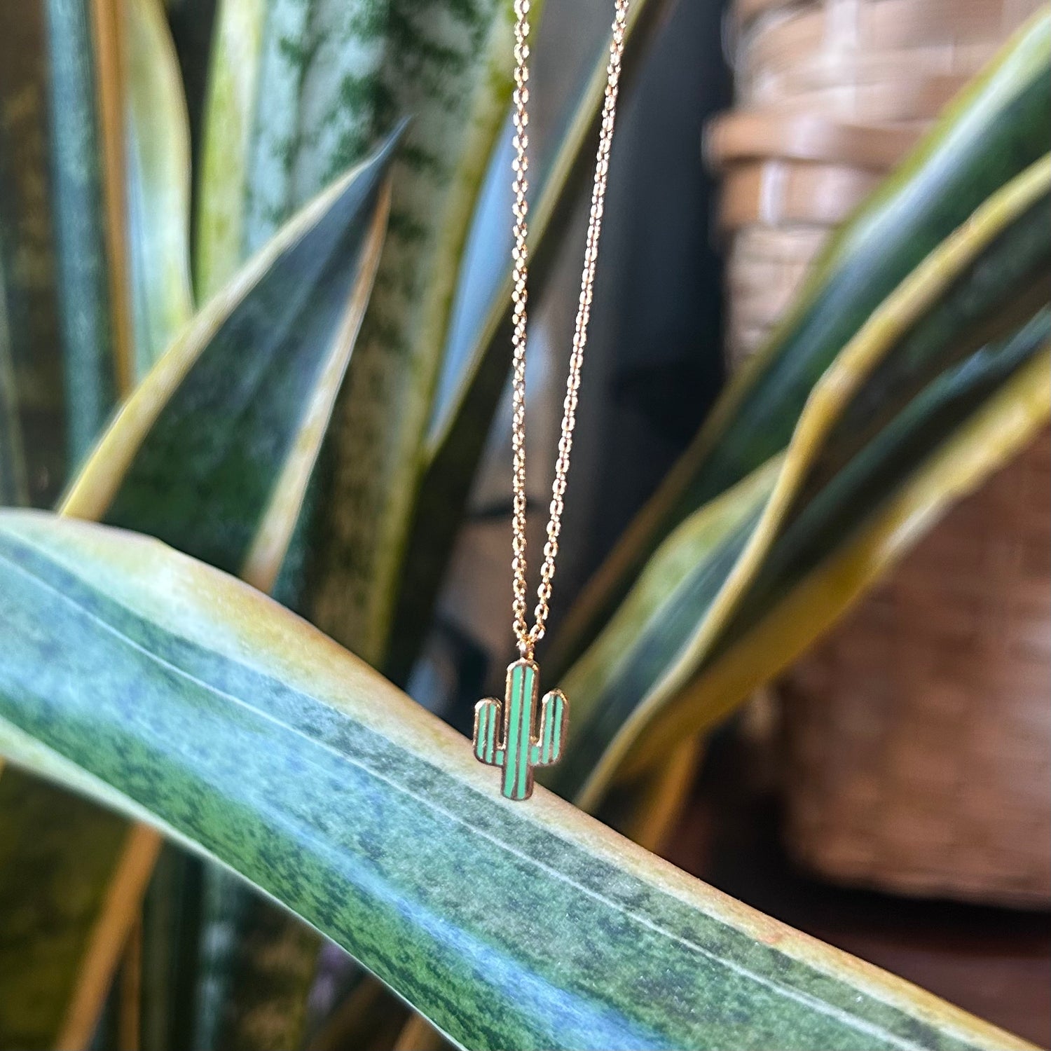Gold Dipped Enameled Cactus Pendant Necklace